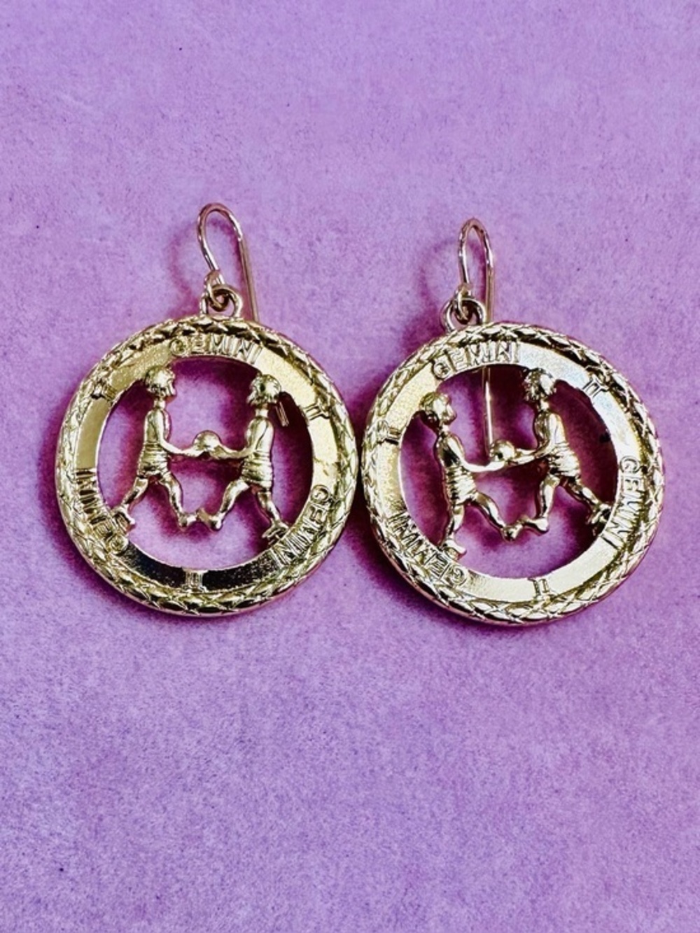 Gold Tone Gemini Zodiac Coin Drop Earrings
